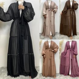 Ethnic Clothing Muslim Women Cardigan Beaded Abaya Bishop Sleeve Lightweight Lady Arab Casual With Belt Loose Robe