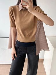 Women's T Shirts Style 2024 Spring Summer Tops Turn Down Collar Striped Women Shirt Short Sleeve Fashion Patchwork Loose Knitted Top