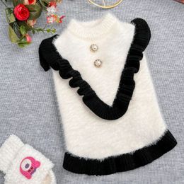 Autumn Winter Pet Sweater Princess Style Small Flying Sleeve Skirt Hem Pearl White Fur Cute Pet Sweater Knitted Kitten Puppy 240106