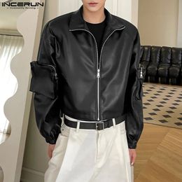 Men Jackets Solid PU Leather Lapel Zipper Long Sleeve Pockets Coats Men Streetwear Punk Style Fashion Jackets INCERUN S-5XL 240106