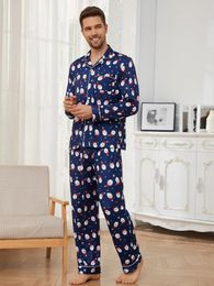 Christmas Santa Claus Men Pyjama Set Long Sleeves Button Top Full Length Pants Sleepwear 2 Pieces Notched Collar Nightwear 240106
