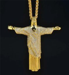18K Gold Jesus Christ the Redeemer Cross Pendant Necklace Gold Silver Plated Mens Hip Hop Bling Jewelry Gift1779688