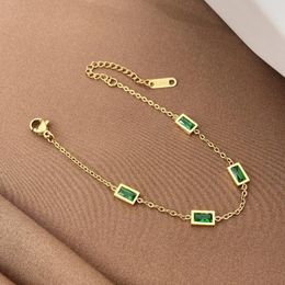 Link Bracelets Bohemian Retro Stainless Steel Gold Plated Chain Emerald Zircon Bracelet For Women Girls Elegant Trendy Jewelry Set Party