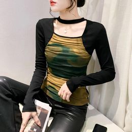 Women's T Shirts 2024 Spring Fall Korean Style T-Shirt Fashion Sexy Hollow Out Draped Patchwork Women Tops Long Sleeve S-4XL Size Tees