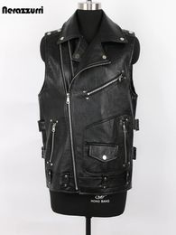 Mauroicardi Autumn Black Motorcycle Pu Leather Vest Men Zipper Pockets Plus Size Faux Leather Biker Sleeveless Jacket 4xl 5xl 240106