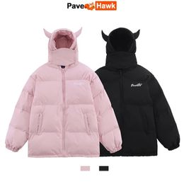Hooded Parkas Men Winter Devil's Horn Solid Colour Cotton Padded Jackets Women Loose Hip Hop Harajuku Puffer Bubble Outwear Coats 240106