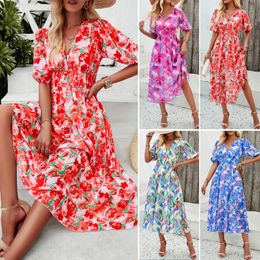 Women's 2024 spring/summer new elegant print waist V-neck dress