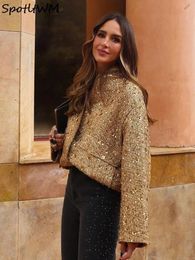 Fashion Gold Sequin Oneck Women Short Jacket Covered Button Long Sleeve Loose Elegant Coat Autumn farty Casual Lady Streetwears 240106