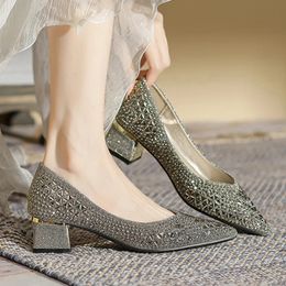 5cm Chunky High Heels Shoes Ladies Glitter Studded Pumps Women Crystal Pointed Toe Tacones Mujer Office Dress Escarpins Femme 240106