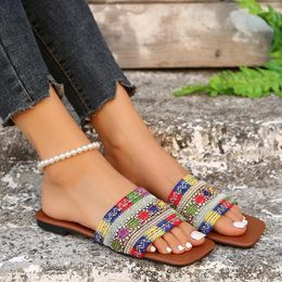 Slippers Women Summer Knitting Fashion Flip Flops 2024 Casual Open Toe Shoes Beach Sandals Square Mujer Zapatos Slides