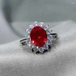 Cluster Rings Fashionable 4- Exquisite Daifei Style Ruby Ring S925 Silver Coloured Pigeon Egg Red Corundum Engagement Women's Jewellery