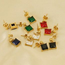 Stud Earrings Stylish Personality Simple Retro Sweet Stainless Steel Ear Buckle Square Color Zircon Women