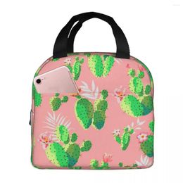 Dinnerware Pink Background Cactus Lunch Bag Insulated With Compartments Reusable Tote Handle Portable For Kids Picnic School