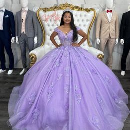 Mexico Purple Off The Shoulder Ball Gown Quinceanera Dress For Girl Beaded 3D Flowers Applique Birthday Party Gowns Prom Dresses Sweet 16