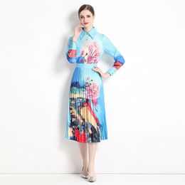 2024 Spring Women's Sets (Shirt + Skirt) Summer Elegant Pastoral Landscape Painting Blouses and Pleated Skirt Two-piece-set