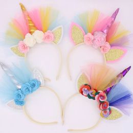 Baby Girls Animal Horn Unicorn Hair Sticks hair accessories princess lace Flower ear headband kids party headdress elastic hairhoop BJ