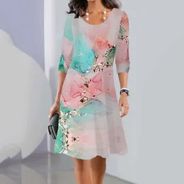 Casual Dresses Women 2024 Autumn Dress Fashion Prints Color Button Crew Neck Long Sleeve Knee Length Swing Shirt