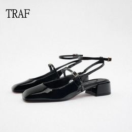 TRAF High Heels Mary Janes Shoes For Women Pumps Heels Fashion Double Buckle Strap Pumps Woman Black Patent Leather Shoes 240106