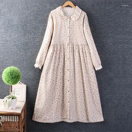 Casual Dresses Spring Women's Art Sweet Long Sleeve Cotton Linen Dress Floral Loose Midi