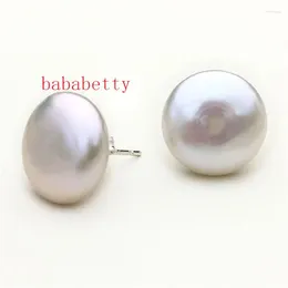 Stud Earrings Simple Elegant Baroque White Natural Freshwater Pearl Button Coin Shape 13-14MM Tibetan Silver