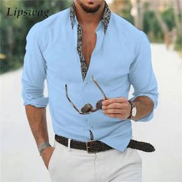 Men's Casual Shirts Long Sleeve Patchwork Fashion Men Spring Vintage Buttoned Turn-down Collar Shirt Tops Mens Loose Streetwear