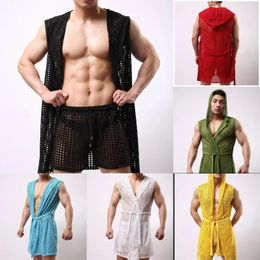 Men's Casual Shirts For Men Hollow Out Bathrobe Mens Sexy Mesh Cardigan Shawl Fashion Funny Top