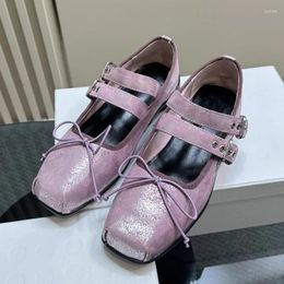 Dress Shoes Pink Patent Leather Women's Ballerina Black Square Toe Flats Bowknot Ladies Sandalias Belt Buckle Sapato Feminino Spring