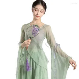 Women's T Shirts Set Female Fairy Gauze Clothes Loose Pants Dancing Dress Classical Dance Costume Elegant Chinese Classic