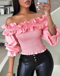 Women's T Shirts Off The Shoulder Top Frill Hem Shirred 2024 Spring And Summer Blouses Casual Long Sleeve Commuting Bell Tee