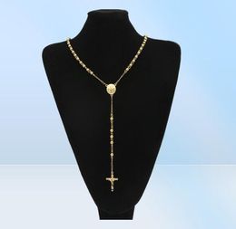 Gold Stainless Steel Bead Chain Jesus Christ Pendant Rosary Long Necklace Mens Womens Hip hop Jewelry9602724