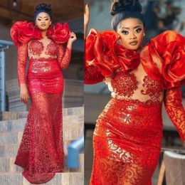 Aso Ebi Prom Dresses Long Sleeves Sequined Lace Mermaid Beaded Red Formal Evening Dresses for Special Occasions Birthday Party Gowns Second Reception Dress ST760