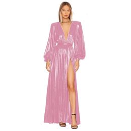 Shiny Metallic Sexy Deep V Neck High Split Maxi Dress Long Lantern Sleeve Women Night Club Dress Vestidos Evening Dresses S-7XL 240106