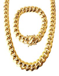 JCH Stainless Steel Jewelry Set 24K Gold Plated High Quality Cuban Link Necklace Bracelet Mens Curb Chain 14cm 85quot22quo4049824