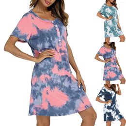 Women's Sleepwear Tie Dye Printed Casual Nightdress Women Short Sleeve Round Neck Fashion Nightgowns For Button Down Pijama