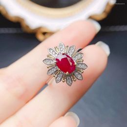 Cluster Rings FS 5 7 Natural Ellipse Ruby Flower Ring S925 Sterling Silver Fine Fashion Charm Wedding Jewellery For Women MeiBaPJ