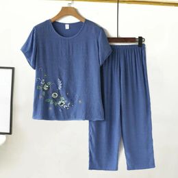 Women's Two Piece Pants 2Pcs/Set Middle-aged Mother Casual Top Cropped Set Flower Print O-neck Short Sleeve Pajama Wide Leg Daily Outfit