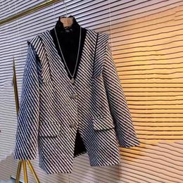 Women's Suits 2024 Temperament Ladies Jackets Tops Vintage Tweed Striped Ropa Mujer V-neck Thicken Sweet Ruffles Coat Clothes Outwear