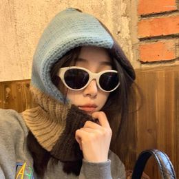 Berets Balaclava Ladies Autumn Winter Knitted Wool Color Matching Hood Ear Protection Hat Scarf One-piece Bomber