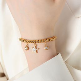 Ladies Gold Diamond Starfish Round Pendant Beaded Bracelet Stainless Steel Plated 18k Gold Fashion Jewelry Gift