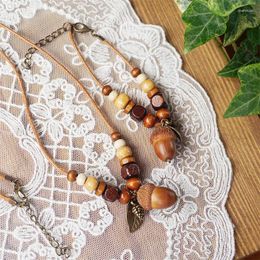 Pendant Necklaces Creative Handmade Forest Vintage Retro Small Acorn Wood Necklace Leather Rope Oak Fruit Choker For Lover Personality