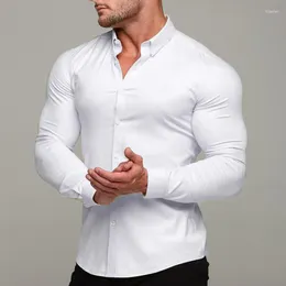 Men's Casual Shirts Mens High Elastic Slim Spring Summer Fashion Solid Color Skinny Shirt Sports Muscle Building Tops Men Lapel