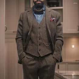 Men's Suits Wool Herringbone For Men Notch Lapel Business Italian Style African Groom Tuxedo Wedding Costume (Blazer Vest Pants)