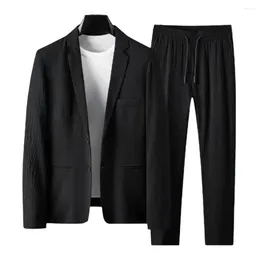 Men's Tracksuits 2 Pcs/Set Men Coat Pants Set Striped Pleated Drawstring Elastic Waist Soft Loose Lapel Pockets Thin Trousers