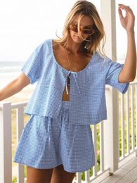 Women's Sleepwear Blue Plaid Summer Suit Short Sleeve Home For Women Sets Round Neck Lacing Sexy Lingerie Ladies 2024
