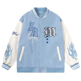 Letter Embroidery Men's Baseball Jacket Y2k Flame Leather Varsity Jacket Windbreaker High Street Hip-Hop Vintage Coat Clothing 240106