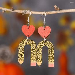 Dangle Earrings Fashion Leopard Pattern U-Shaped Pencil Red Heart Pendant For Women Teacher Double-Sided Wooden Gift Jewellery