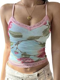 Women's Tanks Women Y2k Floral Print Camisole V Neck Lace Trim Crop Tops Summer Sleeveless Backless Slim Fit Vest Going Out Clothes