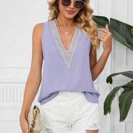 Women's Blouses Summer Solid Colour Chiffon Shirt Women Loose Lace Patchwork Hollowed Out V-neck Pullover Sleeveless Top Vest Office Lady