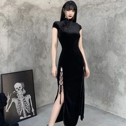 Ethnic Clothing Vintage Black Bandage Chinese Style Cheongsam High Split Velvet Dress Spring 2024 Retro Long Qipao Gothic Women Aesthetic