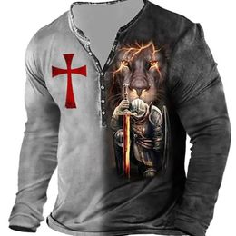 Vintage Men's Cotton T-Shirts Knights Templar Print 3D T Shirts Summer Oversized Tops Long Sleeve Tee Casual Button-Down Clothes 240106